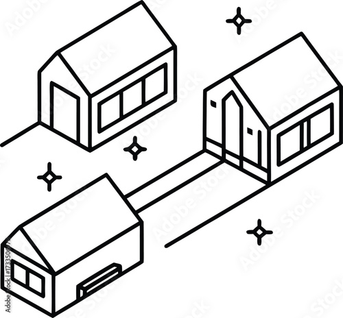 Minimalist linear drawing of futuristic modular ecosystem illustration on transparent background