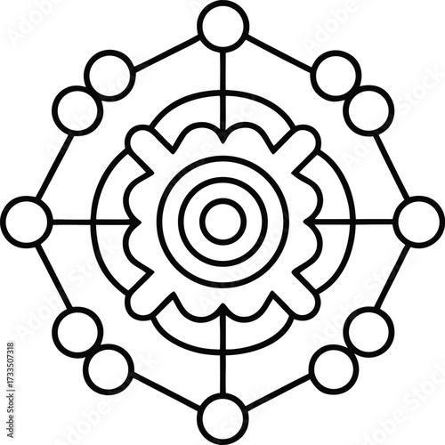 Minimalist linear drawing of concentric AI neural network illustration on transparent background