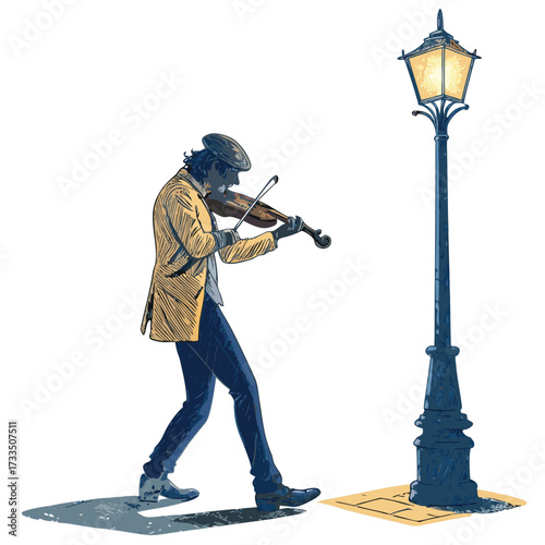 A lone violinist plays under a streetlamp at night.