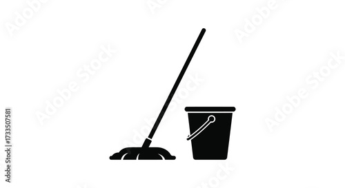 Black and white illustration of a mop and bucket for cleaning purposes