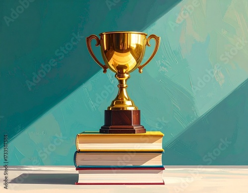 Golden trophy rests on stacked books, symbolizing achievement and academic success bathed in soft light.