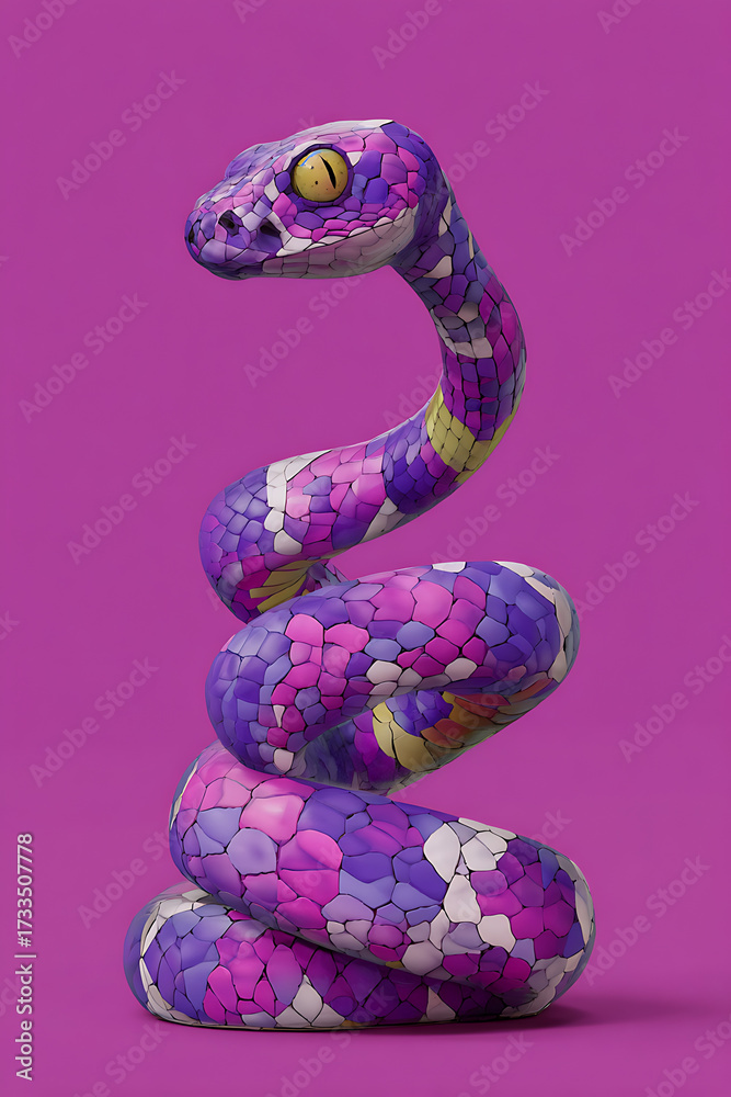 Fototapeta premium Colorful, stylized snake coiled against a vibrant purple background, showcasing unique patterns