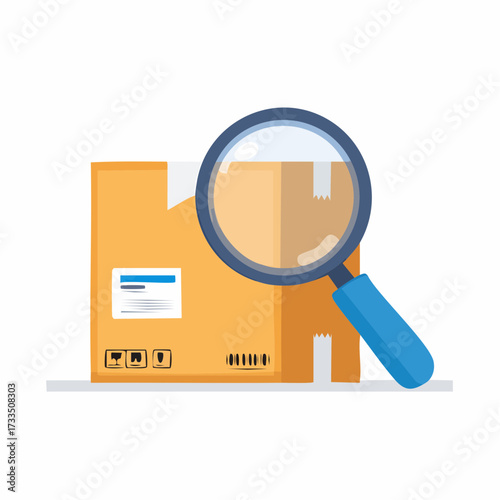 A cardboard box is being inspected with a magnifying glass, suggesting a search for information or quality control.