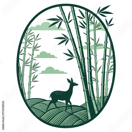 Stylized illustration of a deer in a bamboo forest with rolling hills.