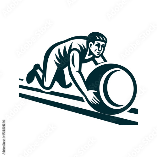 Retro Ball Race: Man Rolling Large Ball Ball Race Player crouched rolling a large ball along the ground with hands