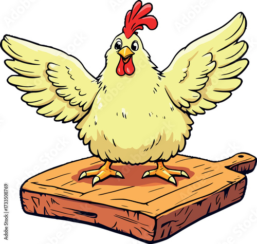 Vsai happy cartoon chicken standing on cutting board