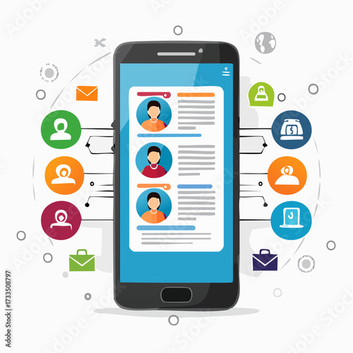 Smartphone displaying a social media profile interface with user avatars, surrounded by communication and connection icons.