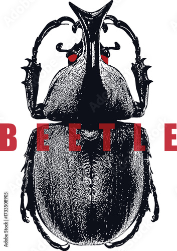 Black Rhinoceros Beetle Illustration. Dark Insect Vintage Stipple Art with Red Eyes. High Contrast T-Shirt Design. Entomology, Retro Sketch. Isolated on White.