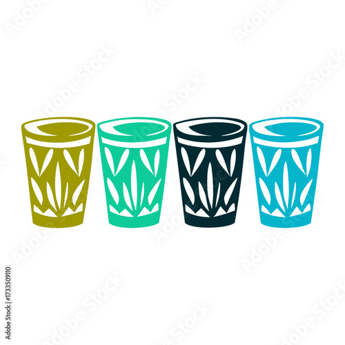 Moccasin Game Cups: Colorful Hide Cups Illustration Moccasin Game Cups Four identical hide cups inverted in a row