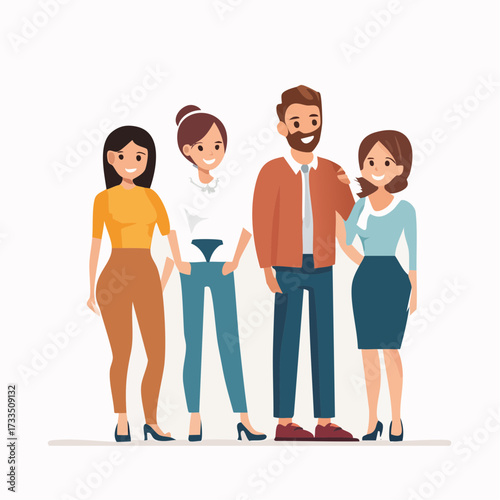 Four smiling cartoon characters stand together in a friendly group, two women and one man with arms around each other.