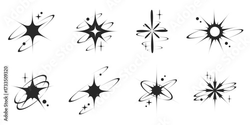 Star icons set. Vector Y2K elements with shine and sparks. Retro graphic symbols. Twinkles abstract shapes on white background. Futuristic sparkles silhouette