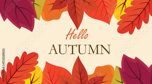 Hello Autumn vector illustration with colorful autumn leaves, a perfect seasonal background for greeting cards, banners, or decoration designs, etc.