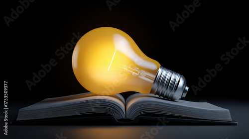 Light bulb glowing on open book symbolizing knowledge and bright ideas in dark setting