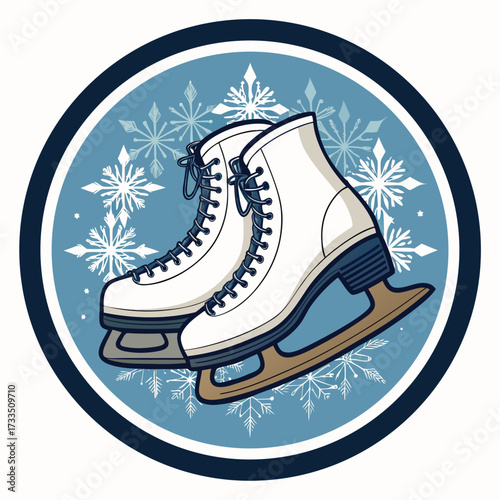 A pair of ice skates against a backdrop of snowflakes.