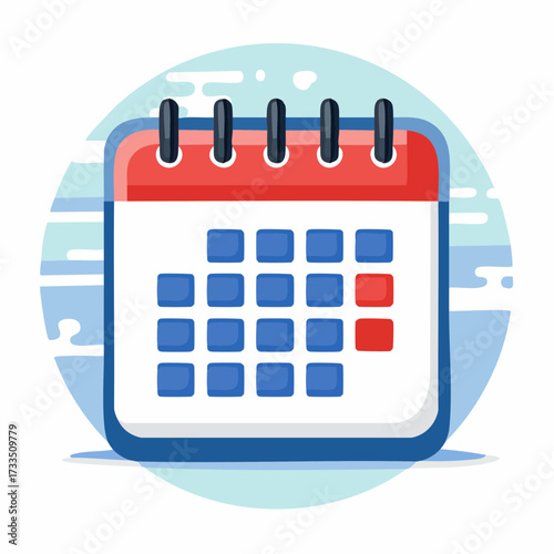 Illustration of a calendar with a red header and blue dates, one date highlighted in red, against a blue and white background.