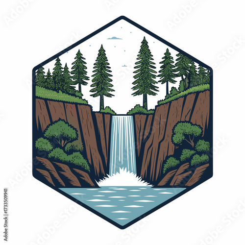 A hexagonal emblem depicts a forest waterfall crashing into a calm river.