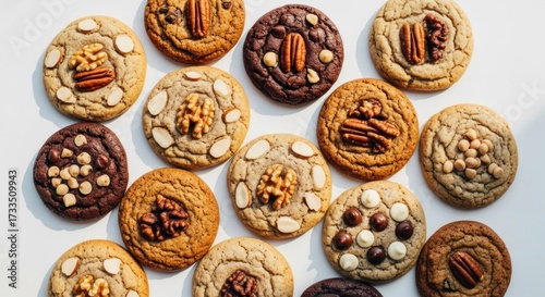 Assorted cookies with nuts on a bright white background, top-down view