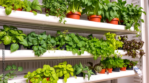 Various culinary herbs placed on hydroponic shelf