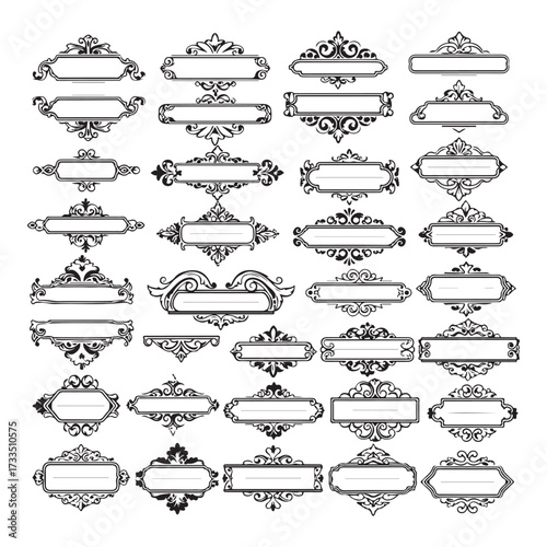 Large set vector black silhouette frame cartouches badges silhouette vector illustration on white background.