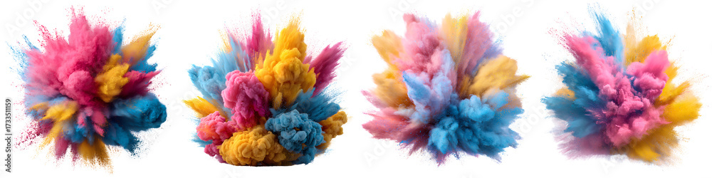 Fototapeta premium Set of colorful powder cloud blast for festival and sports event, isolated on transparent background.