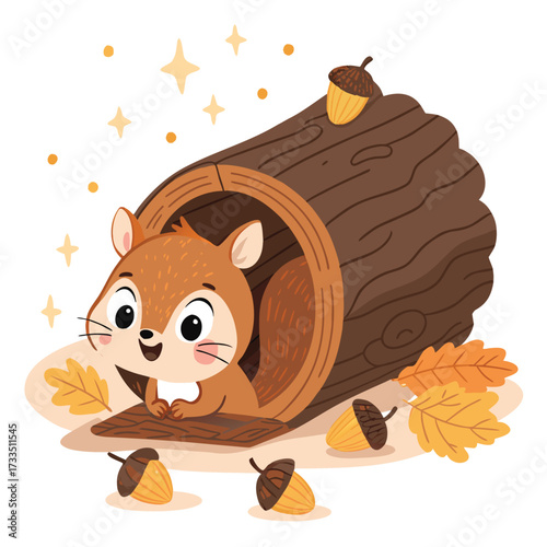 Cute cartoon squirrel peeking out of a hollow log with acorns and autumn leaves.