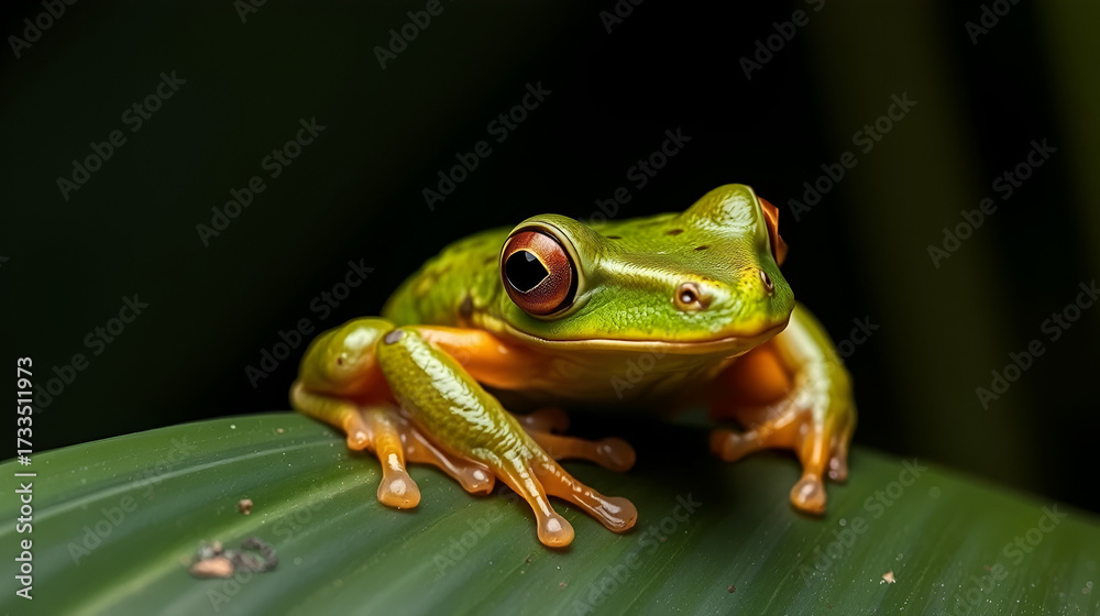 Naklejka premium Madagascar bright-eyed frog resting on leaf