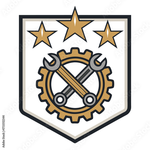 A crest featuring a gear, wrenches, and stars in gold, gray, and black.