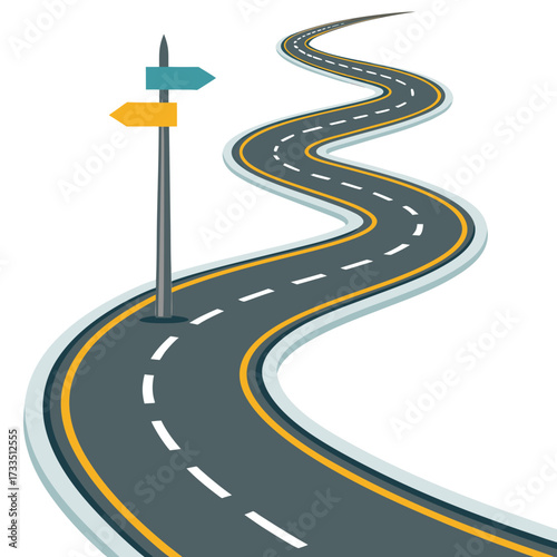 A winding road with a directional signpost on a white background.