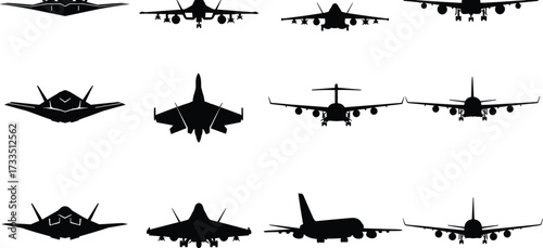 Aircraft silhouette front view, black vector airplanes, aviation icon set, editable flight clipart, military and commercial jet design, minimal