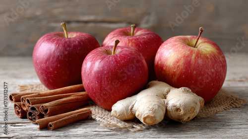 Red apple with cinnamon stick and ginger root on rustic wooden table creating warm cozy feeling