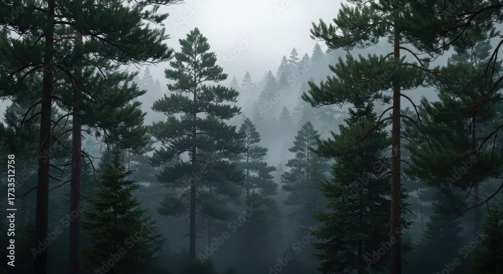Fototapeta premium A misty forest scene showcasing tall pine trees shrouded in a dense fog, creating an atmospheric and serene landscape.