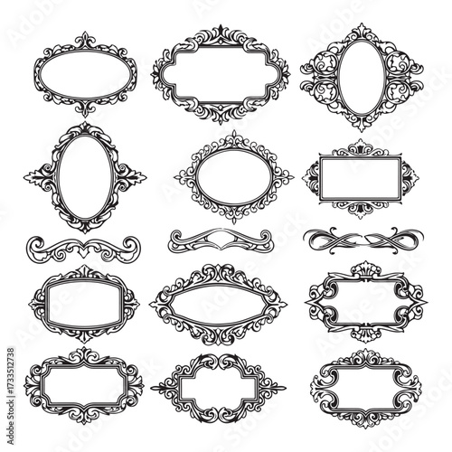 Large set vector black silhouette frame cartouches badges silhouette vector illustration on white background.