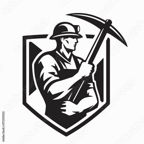 Coal Mining Logo Featuring Miner with Pickaxe and Shield Vector