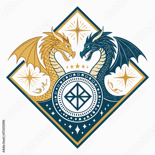 A stylized falcon in flight within a diamond emblem with clouds.