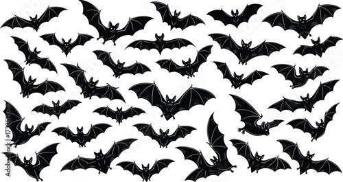 Bat silhouette collection, flying bats vector, Halloween design, black illustration, nocturnal animal artwork, spooky theme, gothic icon, nature element