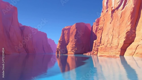 Scenic desert canyon with vibrant orange rock formations reflecting in serene blue water under a clear, bright sky
