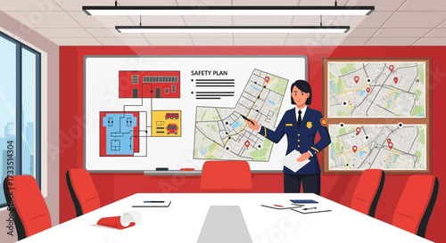 Fire department officer presenting emergency response safety plan in meeting room