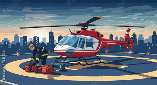 Emergency Medical Service Helicopter Readying for Takeoff in an Urban Environment
