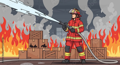 Firefighter battling blaze amidst boxes, demonstrating bravery and expertise