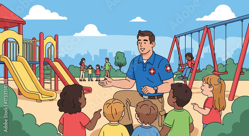 Firefighter teaching safety rules to children at the playground illustration