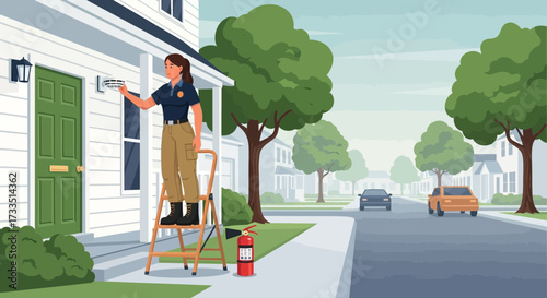 Community Safety: Volunteer installing smoke detector in suburban home for prevention