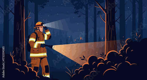 Brave firefighter uses light to illuminate a forest, battling a dangerous blaze