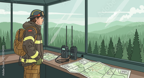 Fire lookout observing forest fire with topographic maps and radio communication