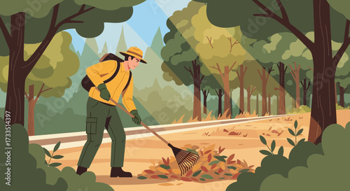 Forestry worker raking leaves in a picturesque woodland clearing in autumnal season