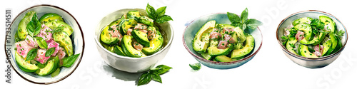 Set of watercolor avocado and tuna salad, isolated on transparent background.