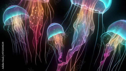 Ethereal Bioluminescent Jellyfish Group, Colorful Glowing Marine Life gracefully floating in the deep dark ocean, abstract underwater.