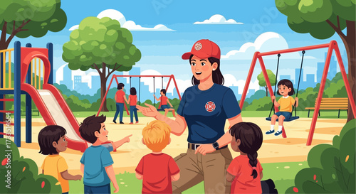 Firefighter educates children in the park with colorful playground equipment
