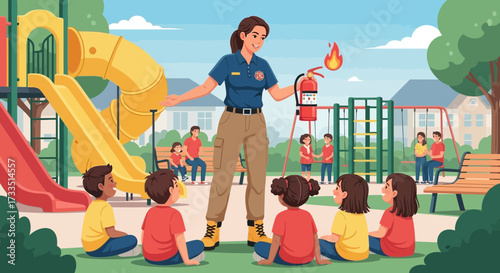 Firefighter teaches safety lesson to kids in a playful outdoor environment at school