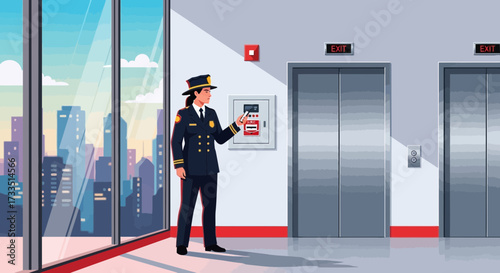 Fire marshal inspecting fire safety panel inside building with urban backdrop