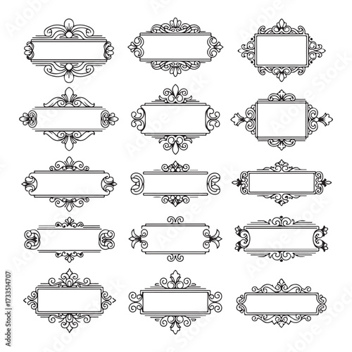 Large set vector black silhouette frame cartouches badges silhouette vector illustration on white background.
